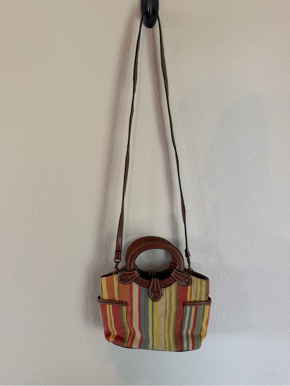 Vintage Fossil Canvas Boho Purse Multicolor Striped Bag Leather Shoulder Bag - Picture 15 of 15
